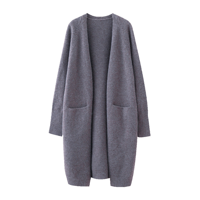 Mid-length Sweater Women's Solid Color V-neck Knitted Jacket