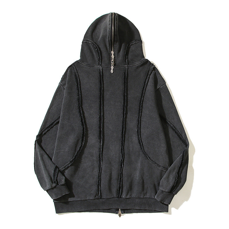 Men's Washed Batik Zipper Hooded Cardigan Sweater