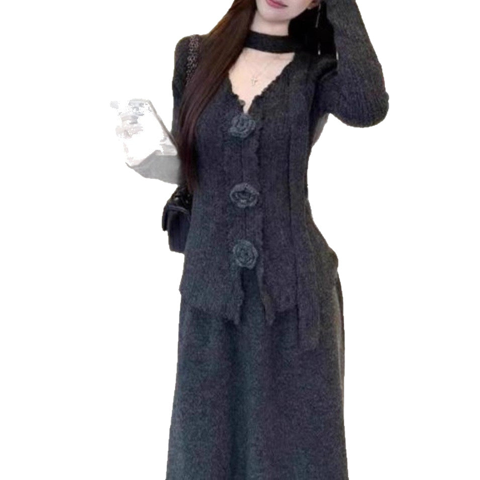 3D Flower V-neck Ribbon Long-sleeved Knitwear High-waisted Slim-fit Set