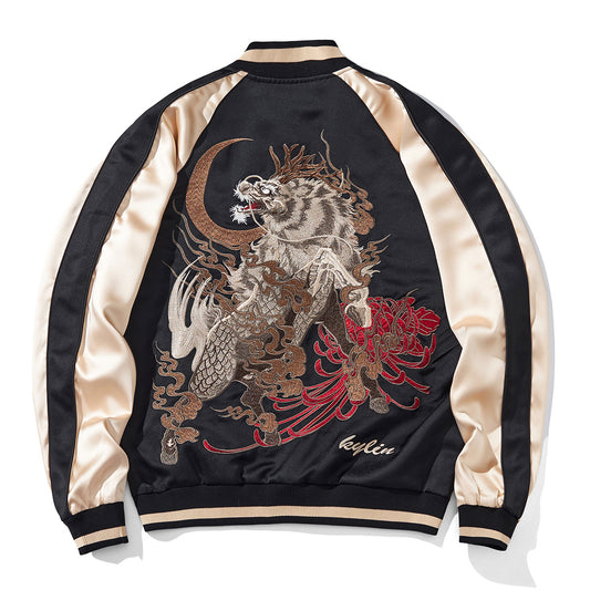 Heavy Duty Embroidered Mythical Beast Qilin Mens Casual Baseball Jacket
