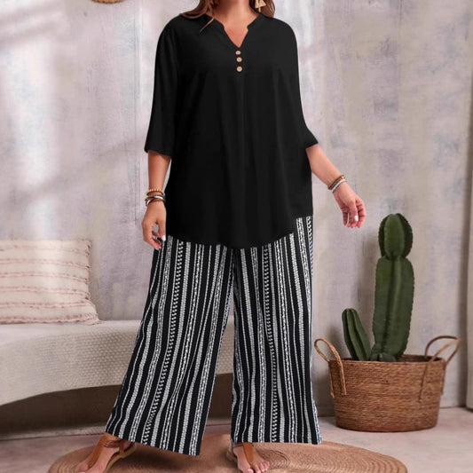 Plus-size Solid-color V-neck Short-sleeve Top And All-print Pants Set