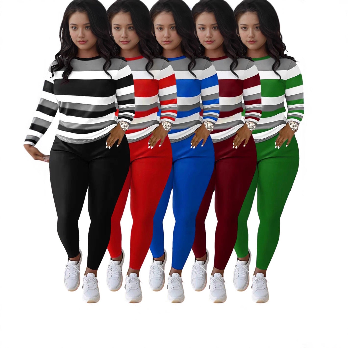 Stylish Striped Print Crew-neck Long-sleeve Pants Set