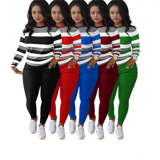 Stylish Striped Print Crew-neck Long-sleeve Pants Set