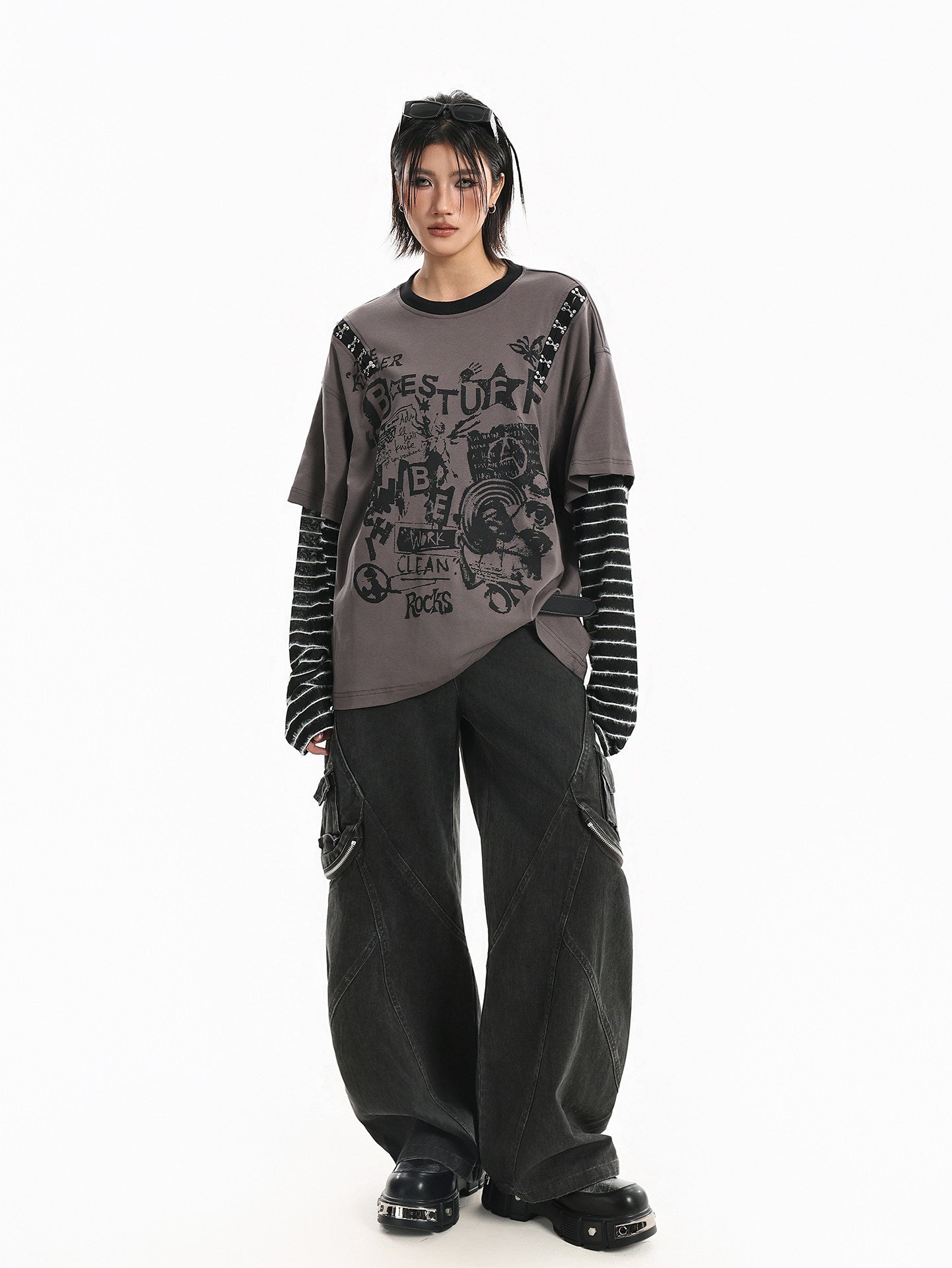 American-style Retro Letter-print Striped Long-sleeve Top