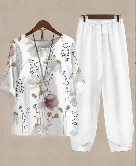 Womens Casual Crew-Neck Cropped-Sleeve Top Set