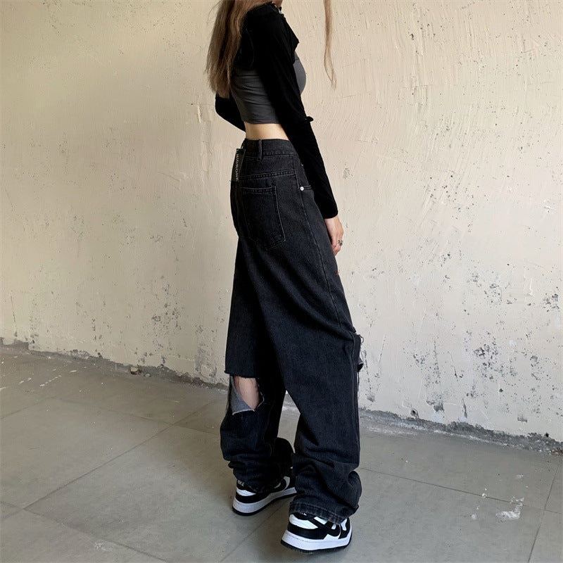 Vintage Stars Print Ripped Straight Wide Leg Jeans