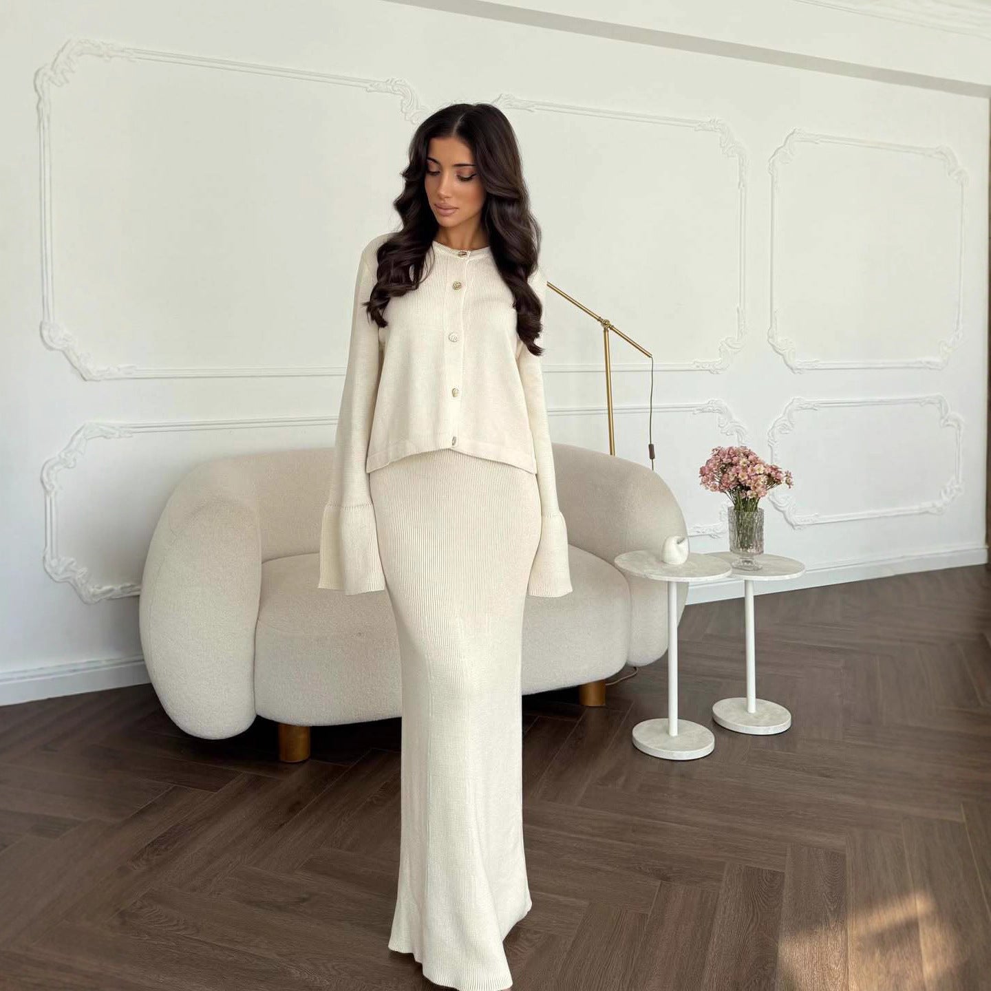 New Autumn Crew-Neck Button-Up Cardigan Knitted Sweater Dress