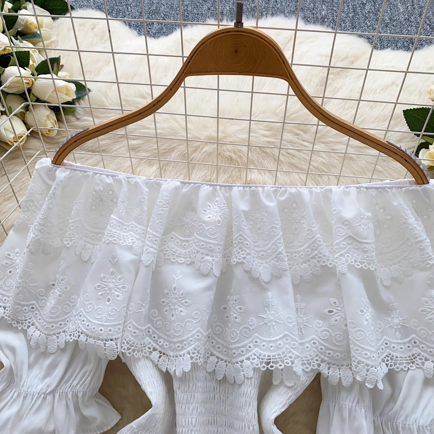 Crochet Hollowed-Out Off-the-Shoulder Puff-Sleeve Shirt For Women