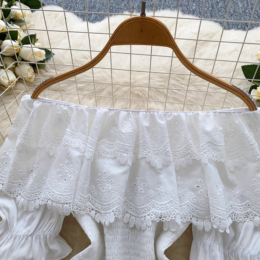 Crochet Hollowed-Out Off-the-Shoulder Puff-Sleeve Shirt For Women