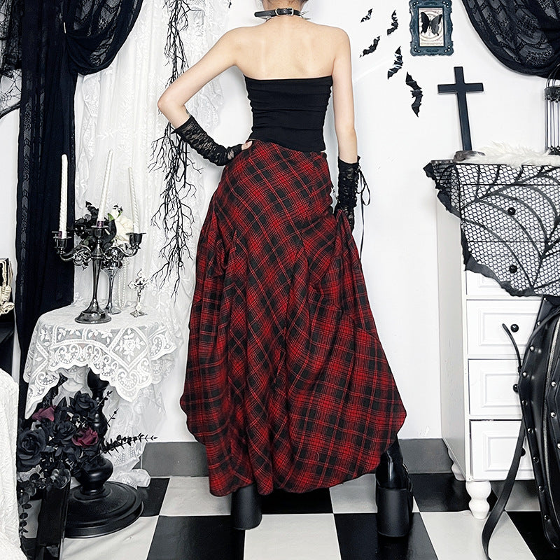 Dark-style Red Plaid Irregular Adjustable Multi-wear Skirt