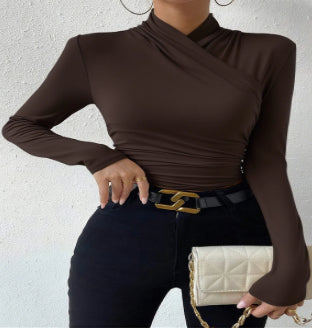 Design Cross Collar Slim Fit All-match Pleating Long Sleeve