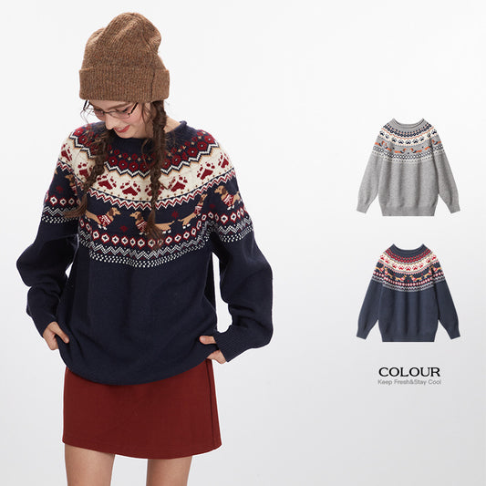 European And American Retro Contrast Color Loose Couple Jacquard Loose-fitting Pullover Sweater