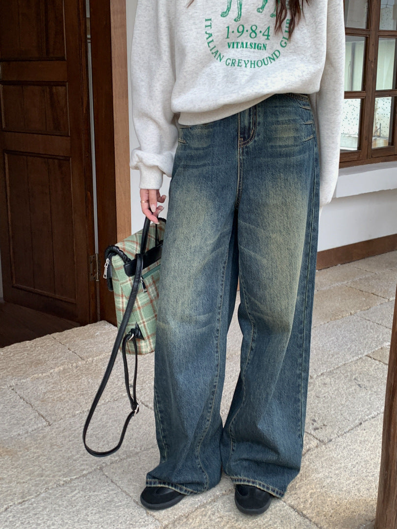Retro Washed Denim Mop Pants Women's Design Sense Three-dimensional Cat Beard Wide Leg Pants Jeans