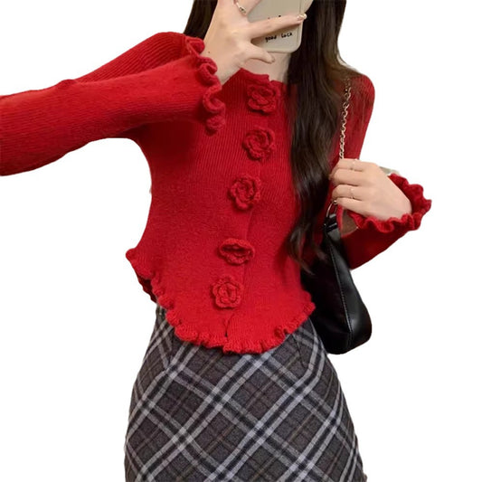 Women's Three-dimensional Flower Long-sleeved Sweater With Wooden Ear