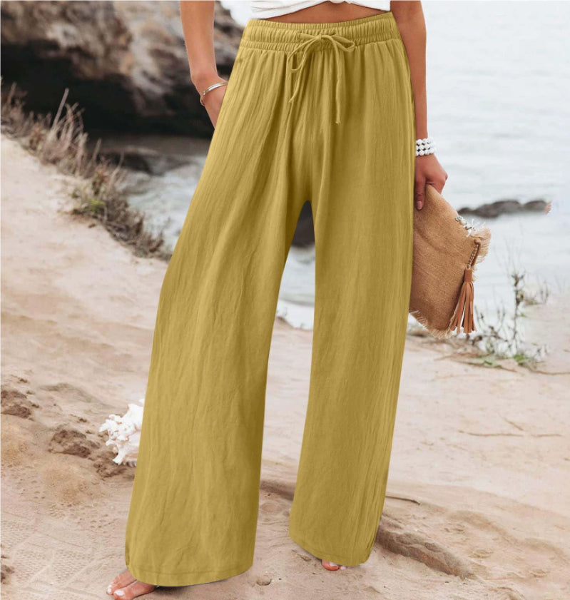 Womens Elastic Casual Solid-color Wide-leg Pants
