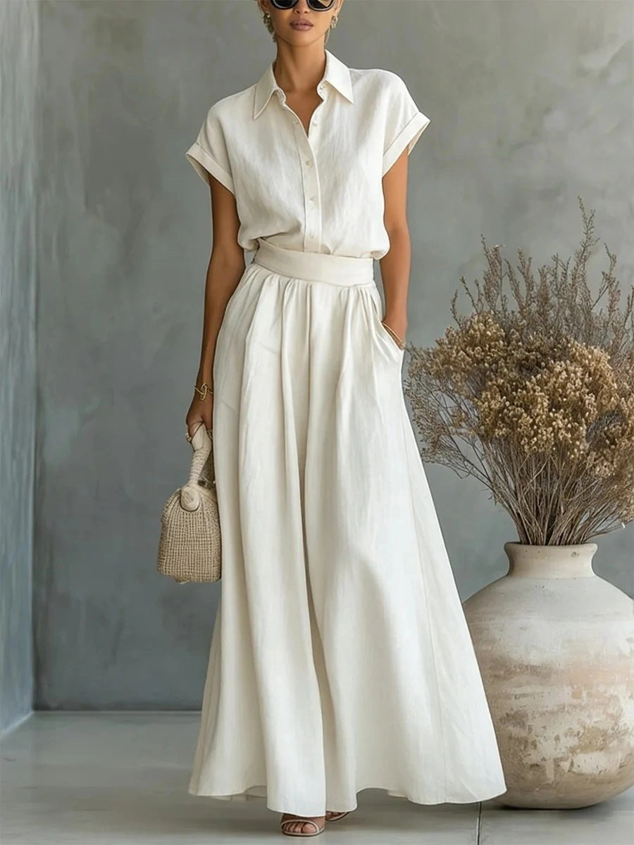 Fashionable Casual Solid-Colored Shirt And Wide-Leg Pants Two-Piece Set