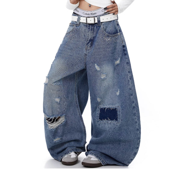 Women's Distressed Patch Washed Curved Blade Jeans