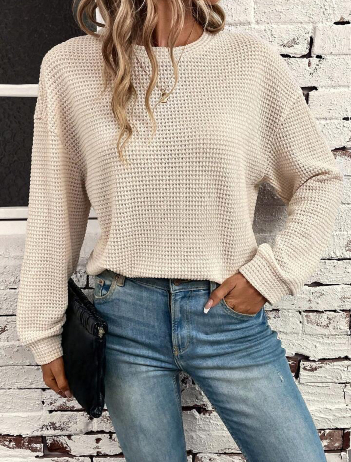 Dame Strikket Rundhals Langærmet Løs Pullover Top