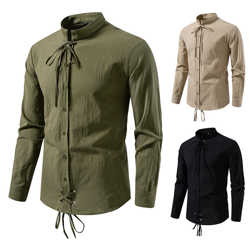 Pirate Drawstring Men's Cotton And Linen Long Sleeve European Size Shirt