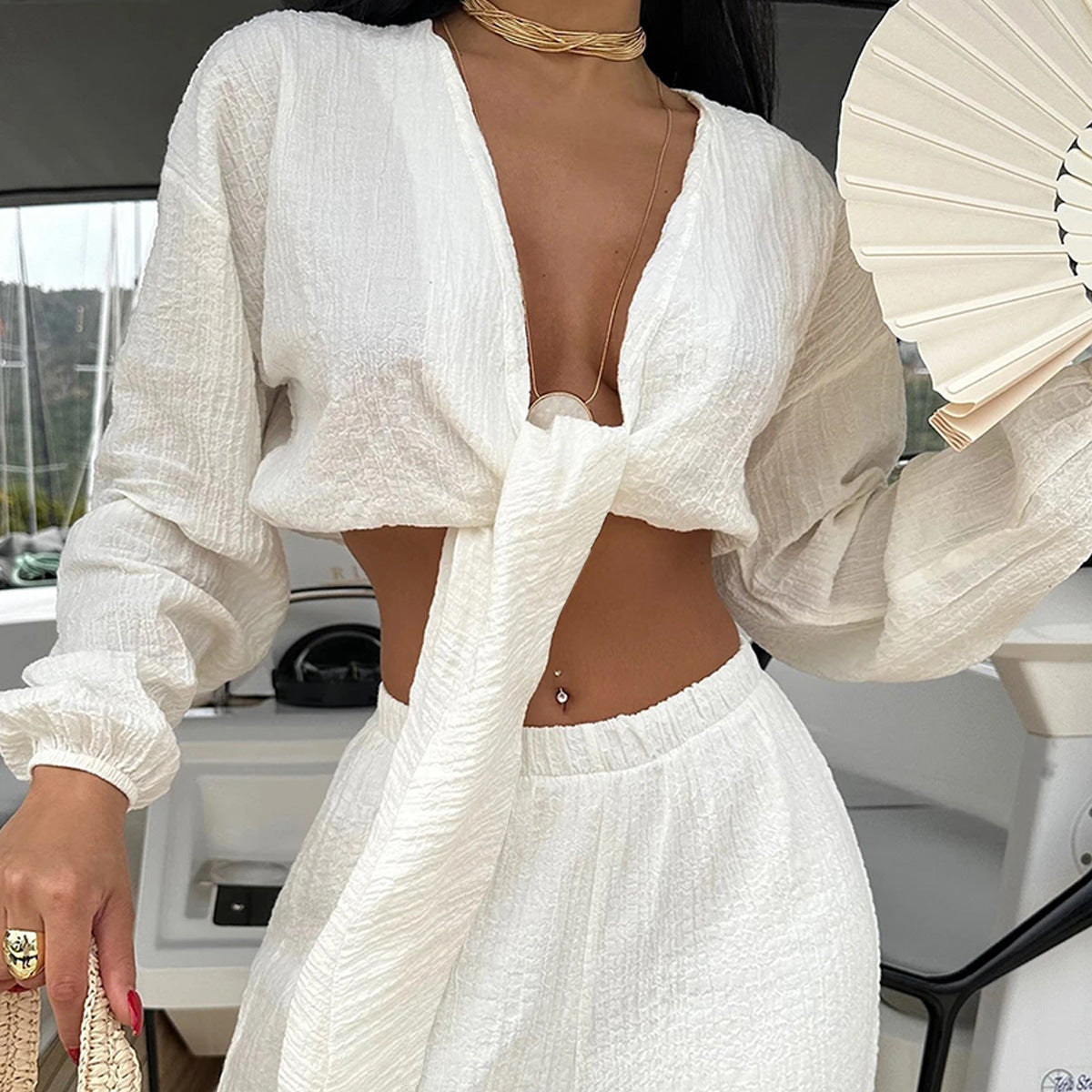 Lace-up Cropped Cardigan With Ruched Long Sleeves And Matching Long Pantstwo-piece Set