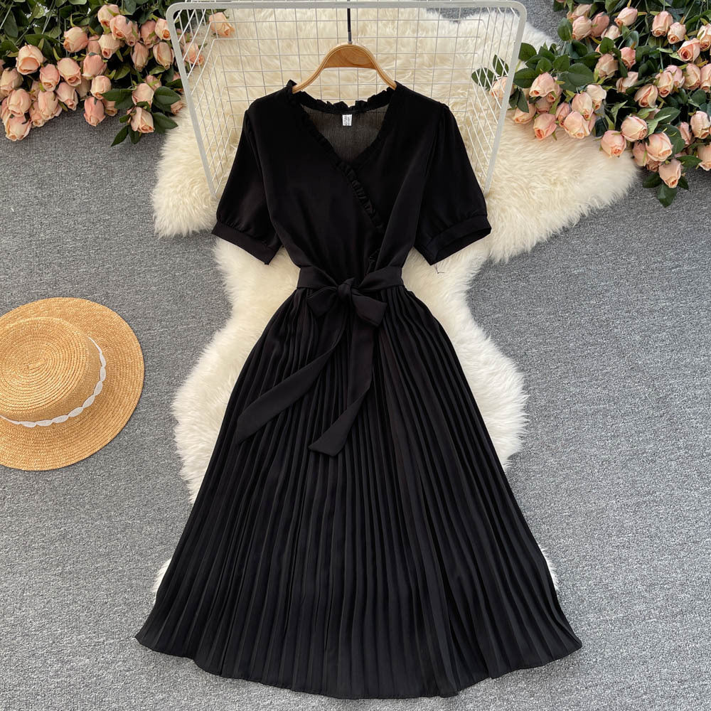 Fashionable Waist-cinching Tie-front Slimming Solid-color Minimalist Dress
