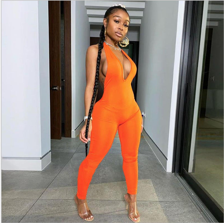 Women's Fashion Backless Neckline V-neck Lifting Hip Sports Jumpsuit