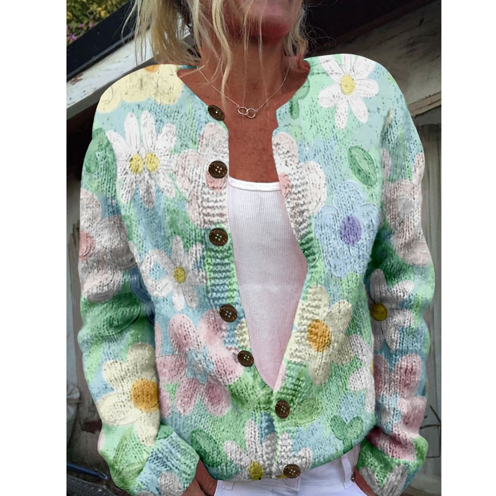 Ny strikket cardigan med 3D-print i løs pasform til damer – efterårs- og vinterstil