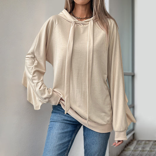 Hættetrøje med løbesnor og flæser tynd sweater til damer