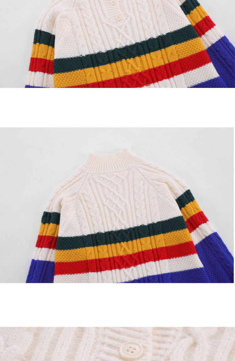 High Street Color Contrast Colorful Stripe Stand Collar Women's Sweater