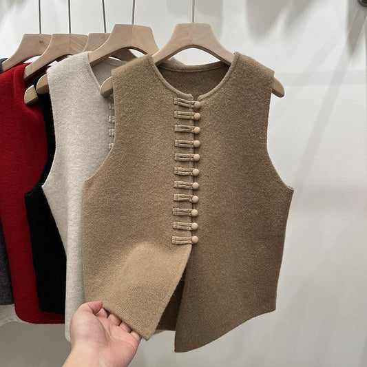 Knitted Vest Western Style Minimalist Sleeveless Chinese Knot Button Top