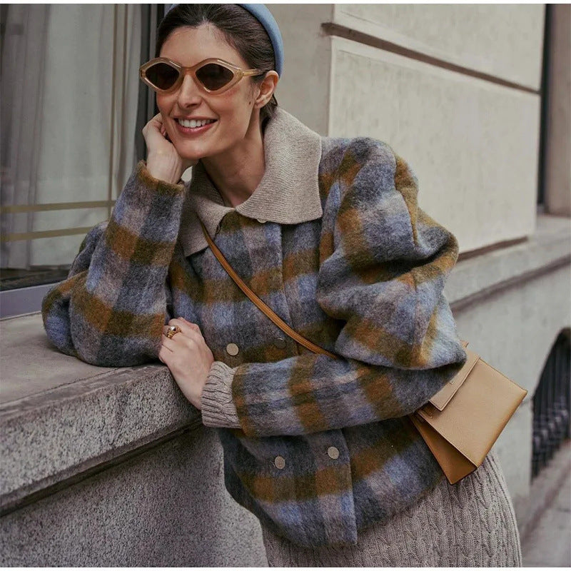 Women's Retro Contrast Color Check Coat