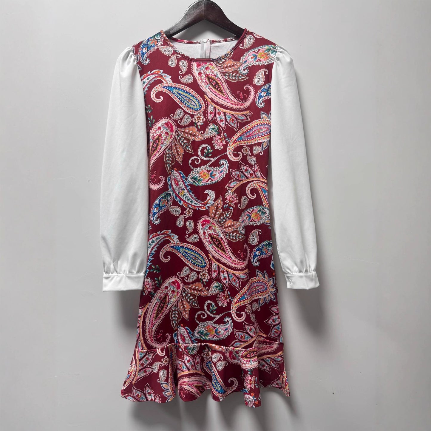 Color-block Lantern-sleeve Waist-cinched Elegant Mermaid Dress