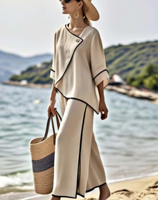 Womens Vacation-Ready Loose Striped Print Wide-Leg Pants Set