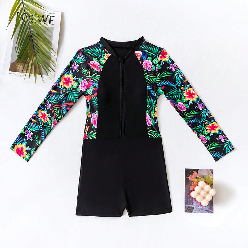 Printed Long Sleeve Surfing Swimsuit Zipper