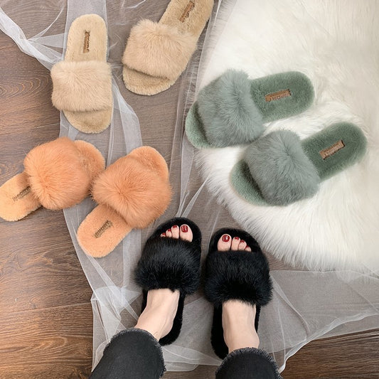 Rabbit Hair Flat Slippers For Women's New Style