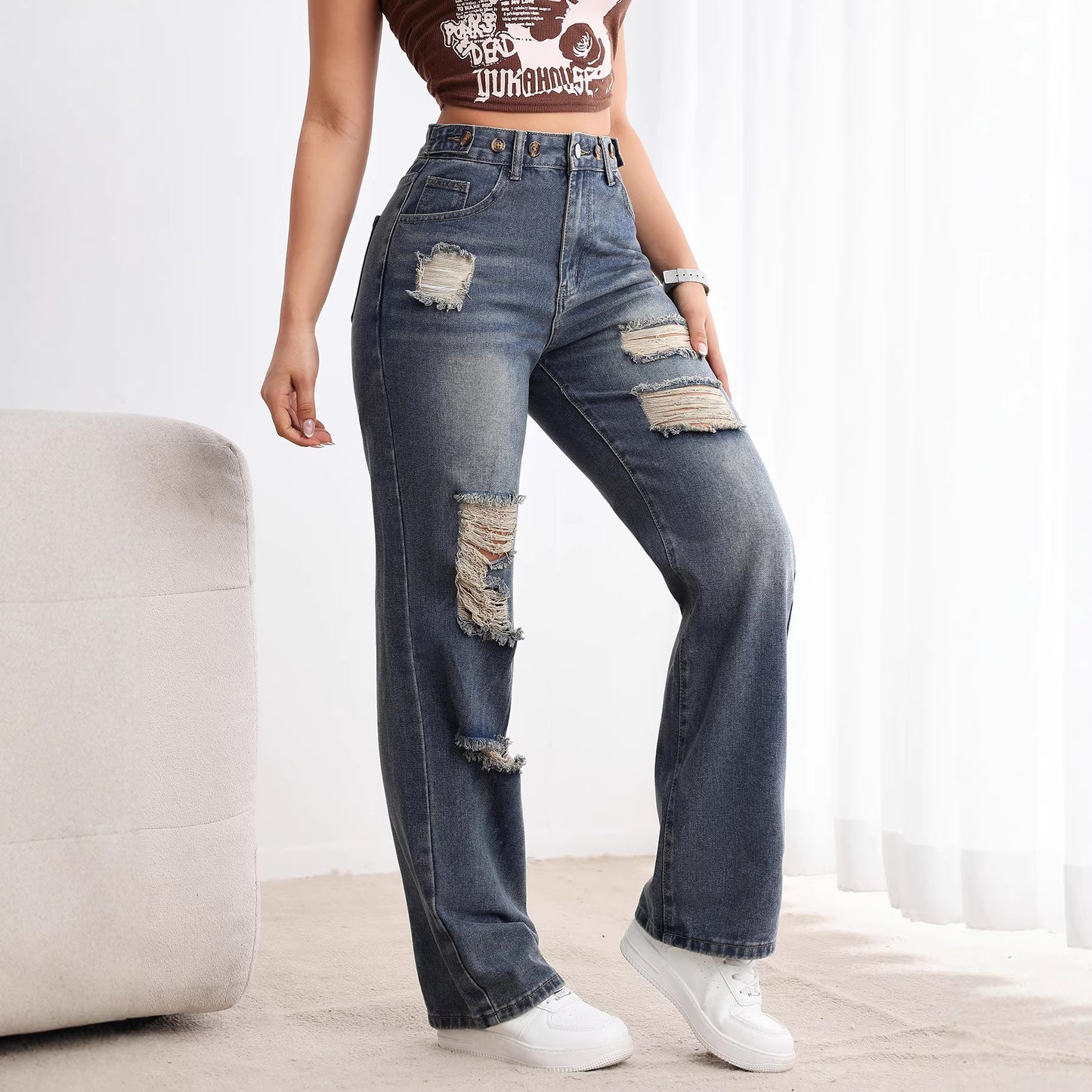 Dame-højtaljede lige jeans med huller