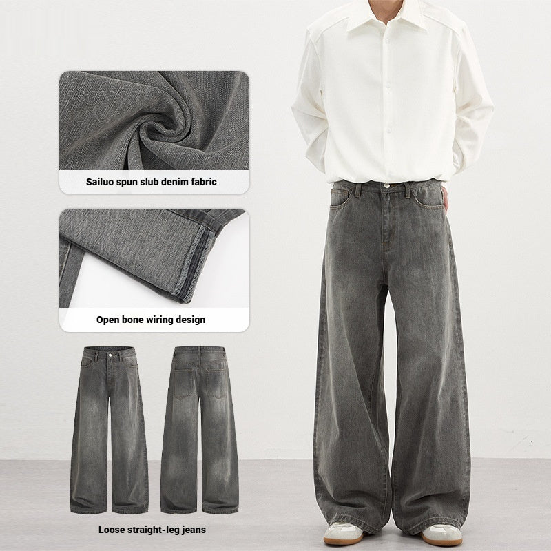 Mænds Simple Basic Vaskede Grå Denim Jeans Til Efterår/Vinter