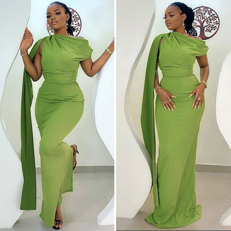 Slim Fit Elegant Solid Color One Shoulder Long Dress
