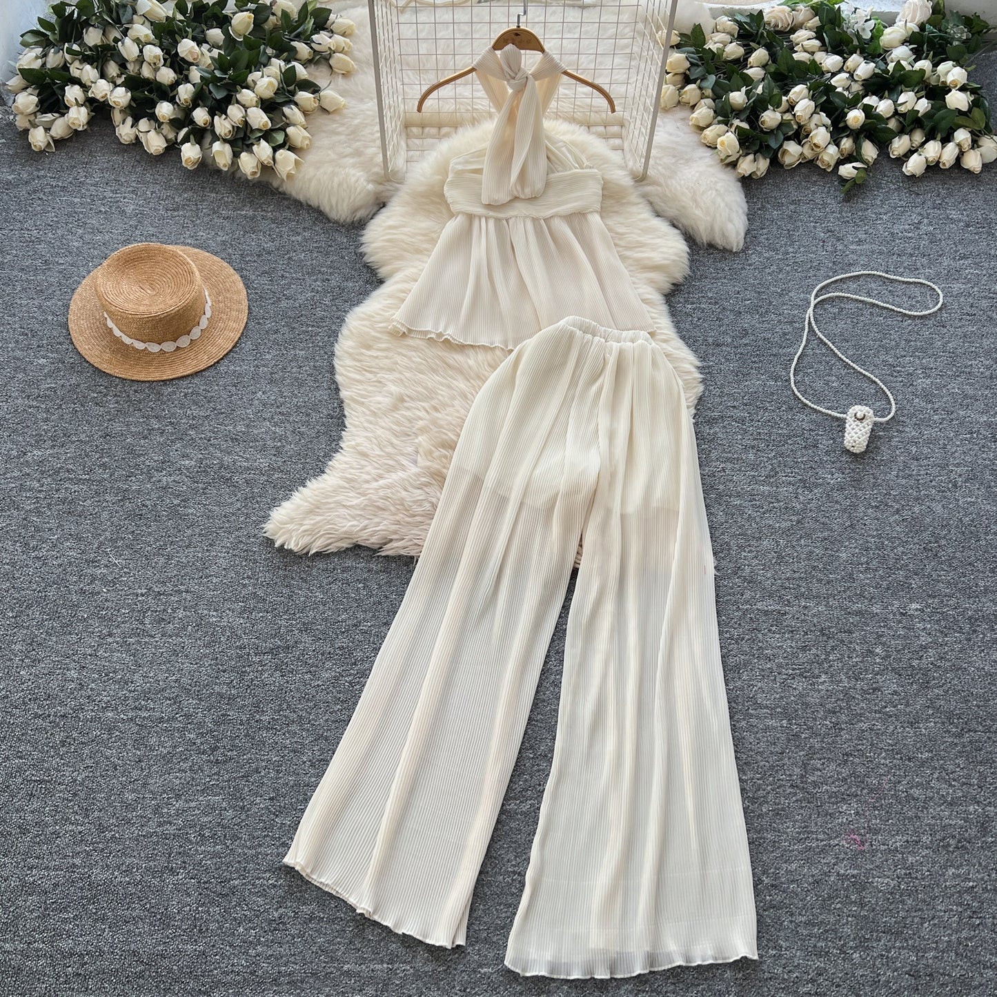 Twisted-strap Tube Top With High-waisted Pleated Wide-leg Pants
