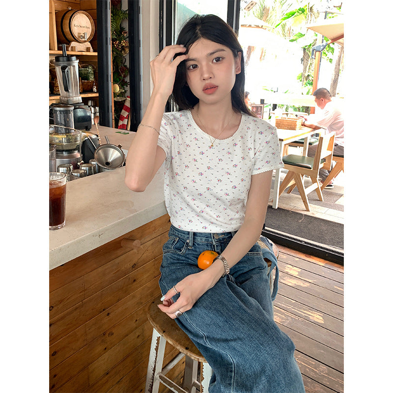 Floral Lace-collared Blouse Loose Round Neck Slim-fit Short Sleeve