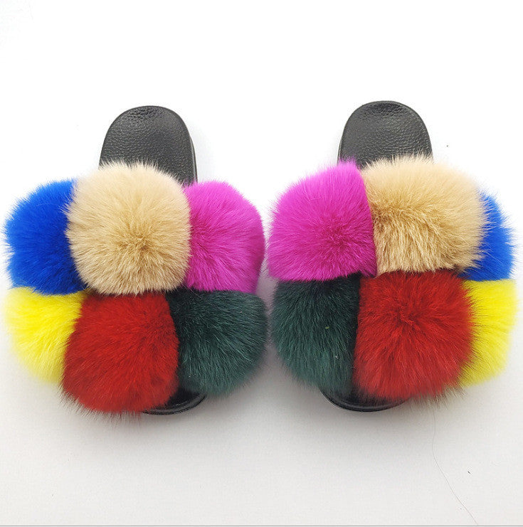Flip Flops Fashion Outer Wear Fox And Raccoon Fur Children's Sandals And Slippers