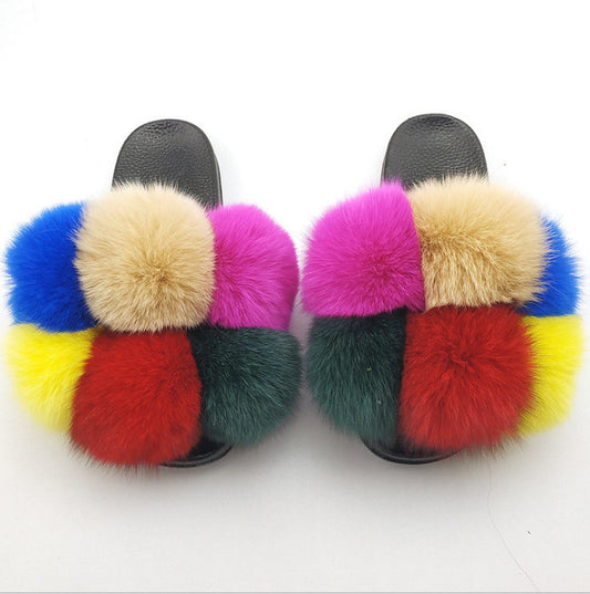 Flip Flops Fashion Outer Wear Fox And Raccoon Fur Children's Sandals And Slippers