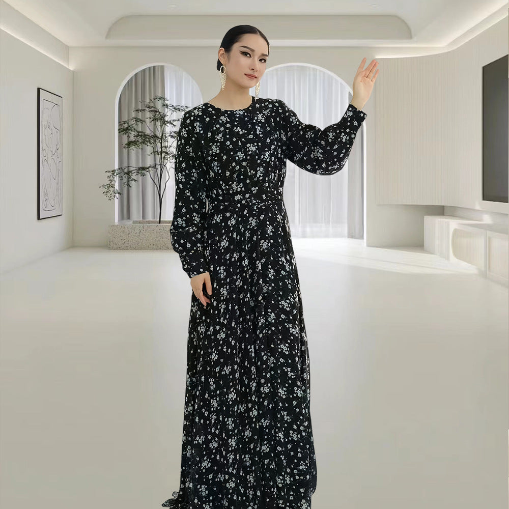 Crew-neck Floral-print Midi Dress With A Matching Belt For A Slimming Fit