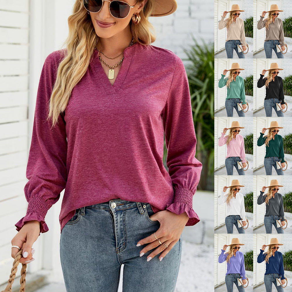 New Women's Casual V-neck Lotus Leaf Sleeve Loose T-shirt