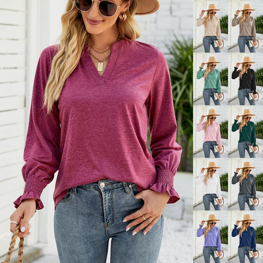 New Women's Casual V-neck Lotus Leaf Sleeve Loose T-shirt