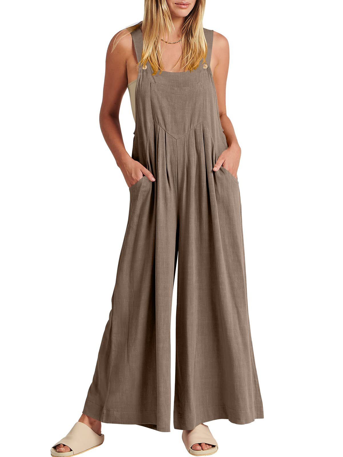 Women's Solid Color Loose Casual Cotton And Linen Suspender Jumpsuit