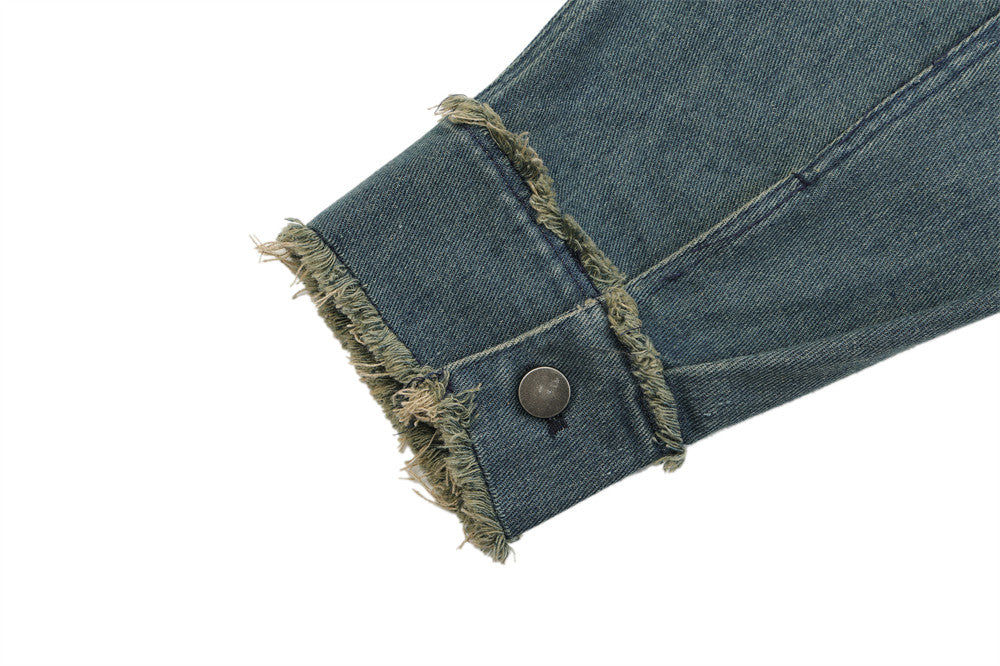 Guochao High Street Contrast Color Monkey Wash Denim Jacket