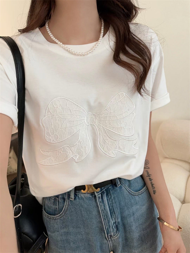 Base Cotton Water-washing Embroidery Bow Student Short Sleeve