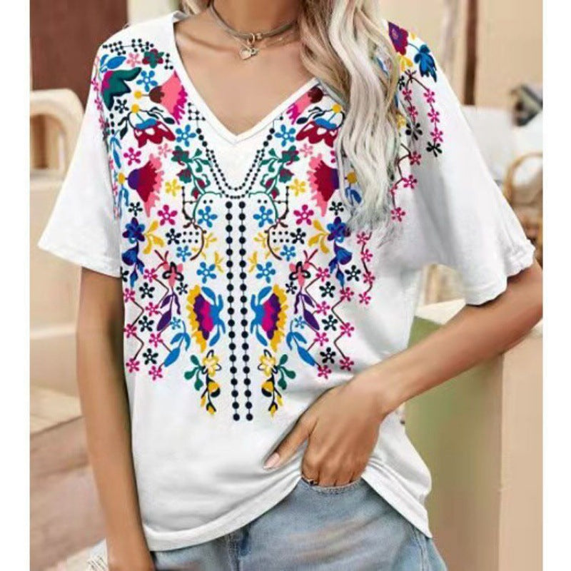 Women's Ethnic Style 3D Color Creative Fashion V-Neck T-Shirt