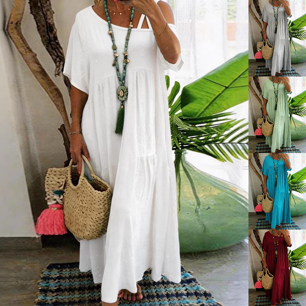 Casual Slash Neck Short Sleeve Cotton Linen Solid Color Womens Dress